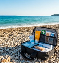 Apteczka pierwszej pomocy nad brzegiem morza, na kamienistej plaży, z morzem w tle