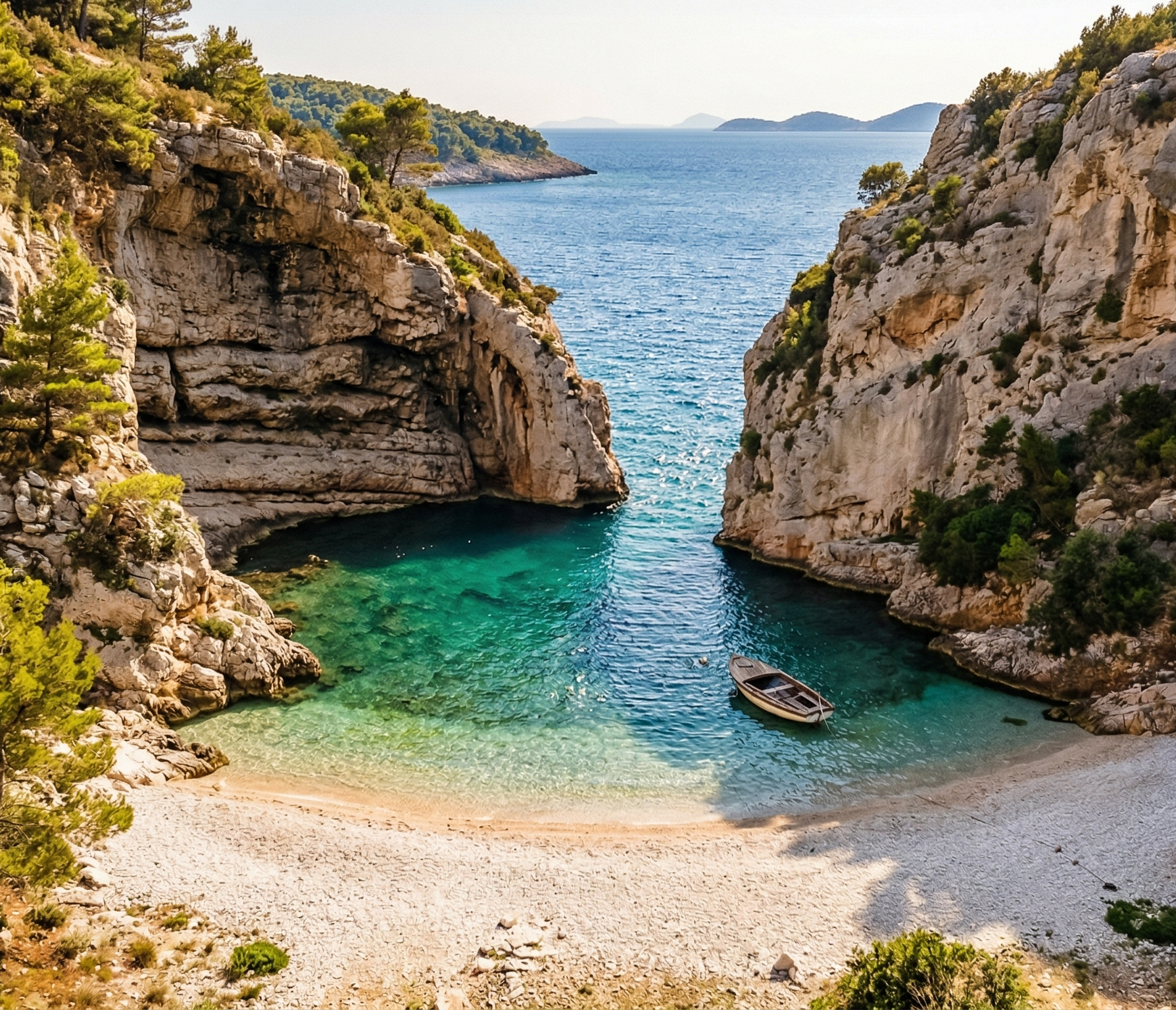 Piękna, mała i opuszczona chorwacka plaża, ukryta między klifami z turkusową wodą.